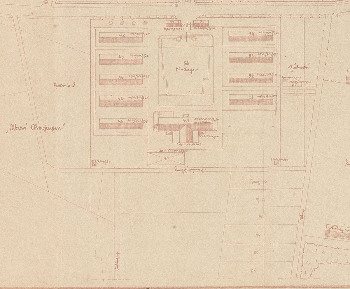 Plan zum Bau eines Kesselhauses, Lageplan der SS-Bauleitung, Ausschnitt SS-Lager 30. Januar 1943 Kreisarchiv Paderborn, Sign. BürA 1447
